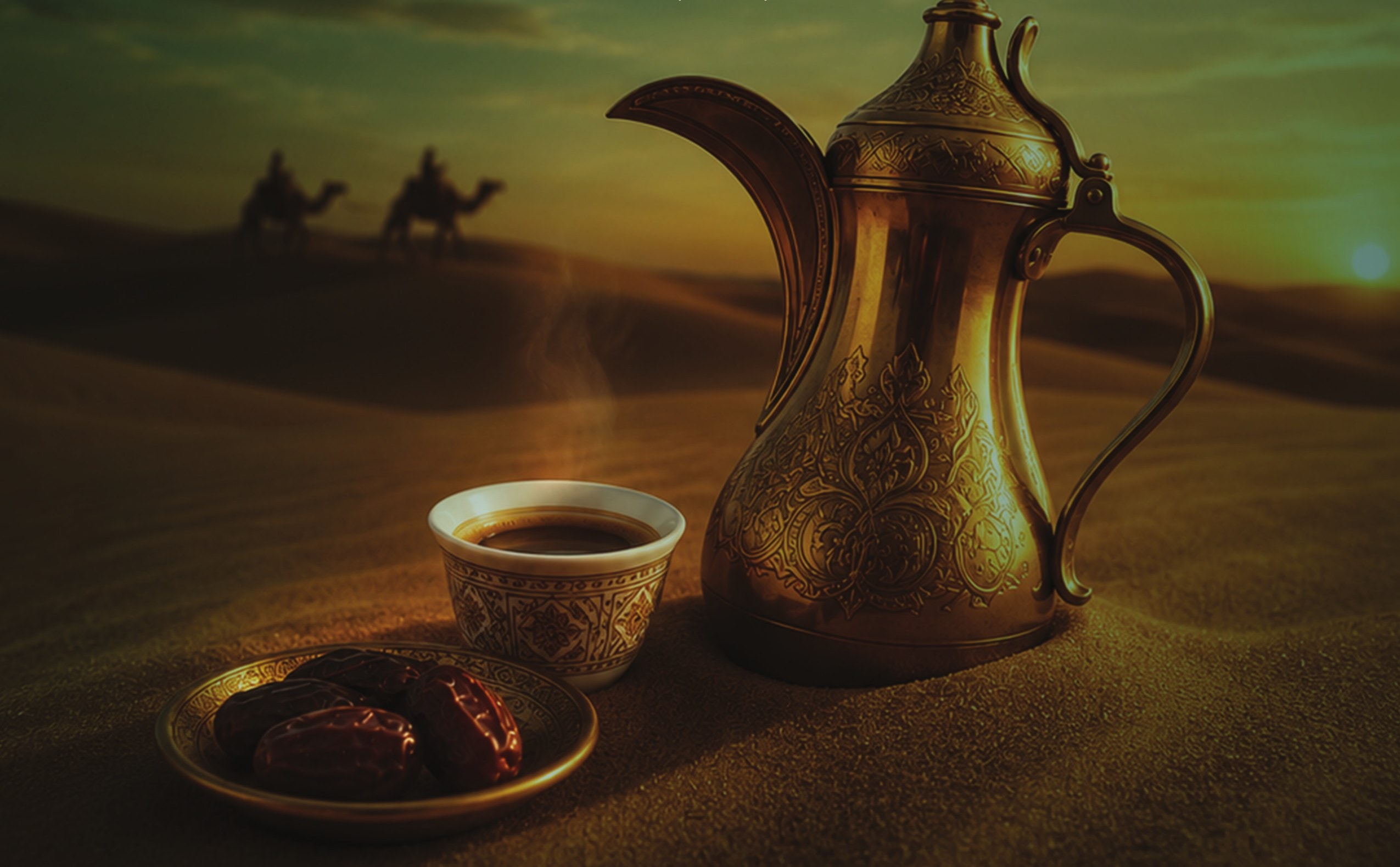 Saudi coffee in a finjan beside a brass dallah and a plate of dates